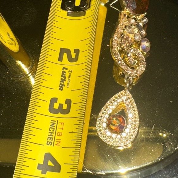 3 1/4” statement copper rhinestone pierced earrings with goldplate setting. - Picture 5 of 8